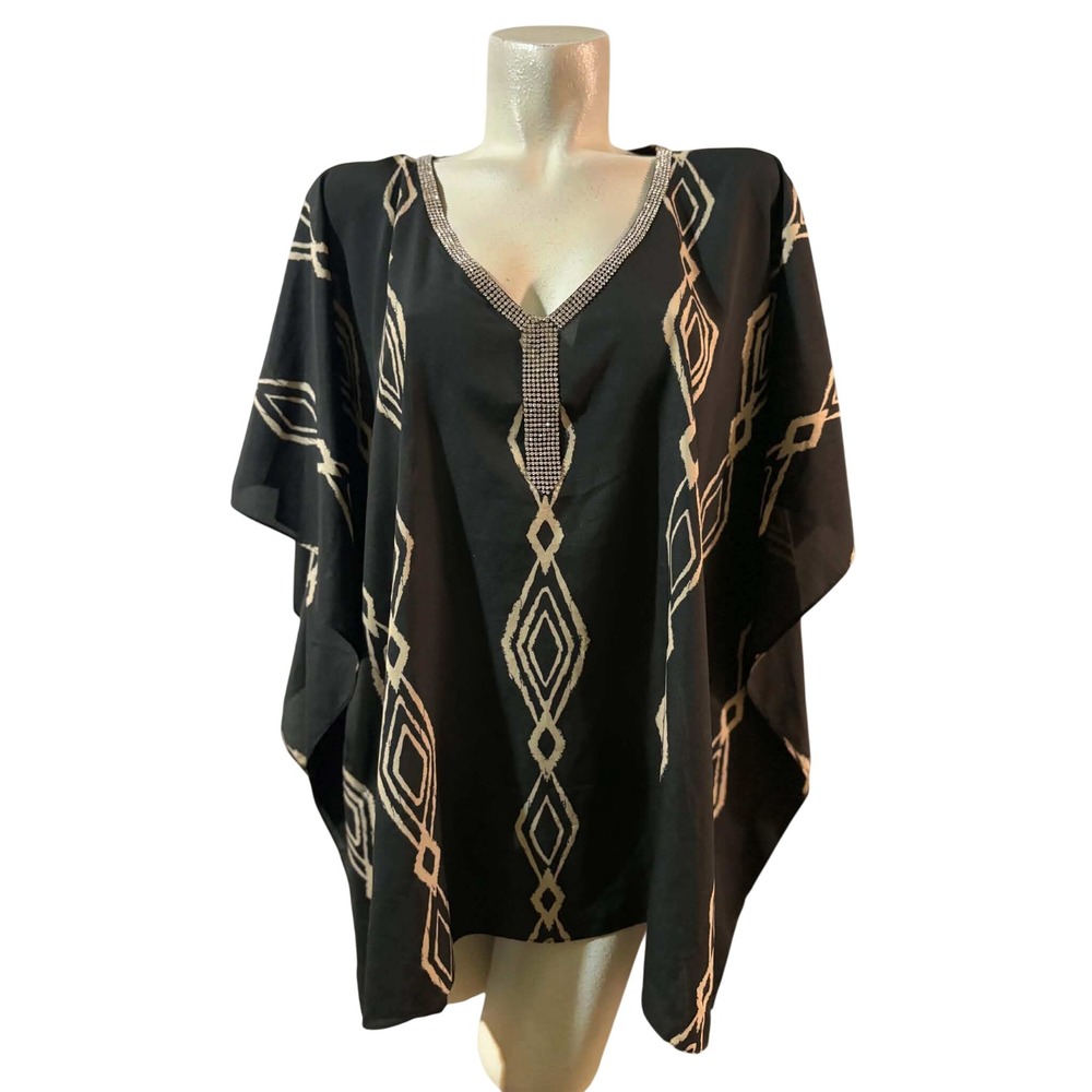 Chicos Black Geometric Diamond Print Rhinestone V-Neck Kaftan Top Size L/XL